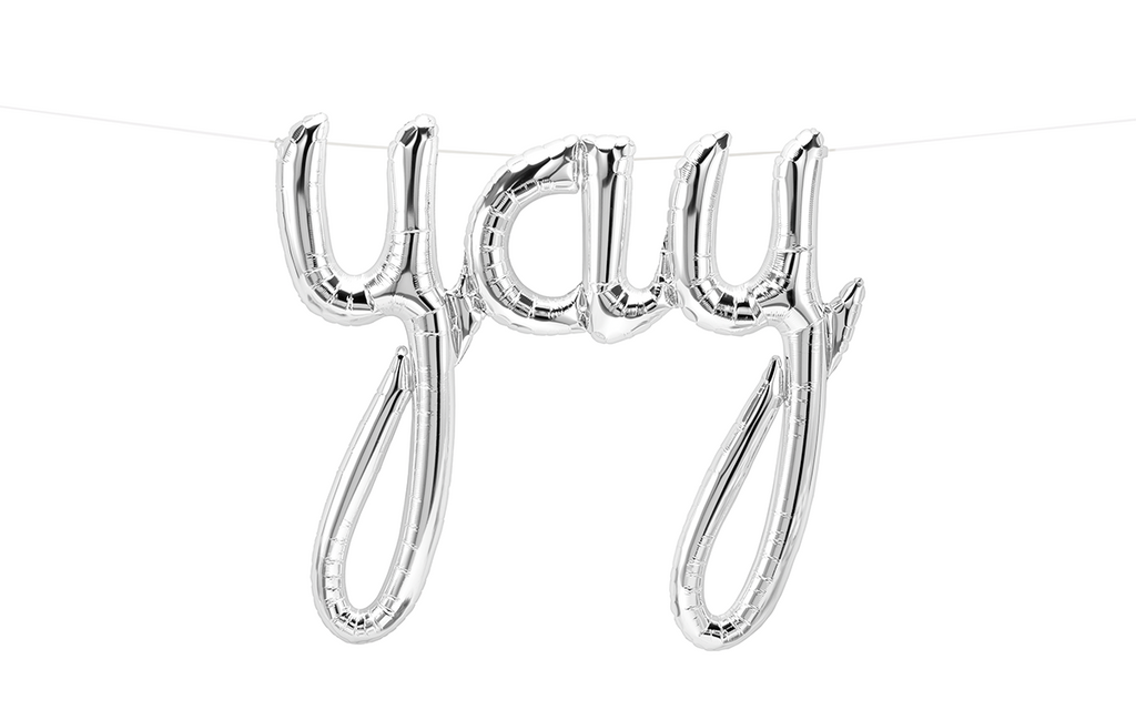 Script Foil Balloon Spells "Yay" in Silver