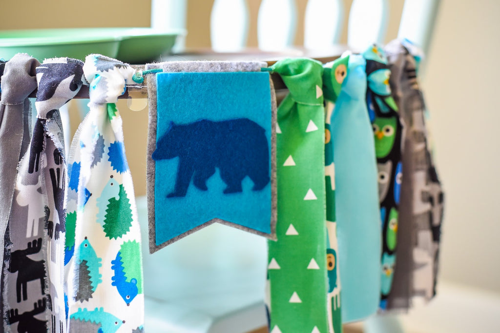 Woodland High Chair Banner in Blue Bear Handmade by Sugar Moon Bloom