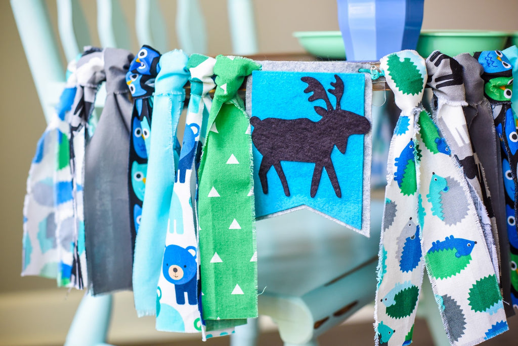 Woodland High Chair Banner in Blue Bear Handmade by Sugar Moon Bloom