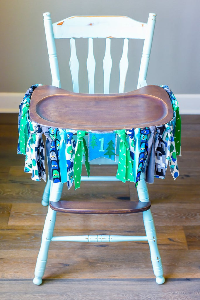 Woodland High Chair Banner in Blue Bear Handmade by Sugar Moon Bloom
