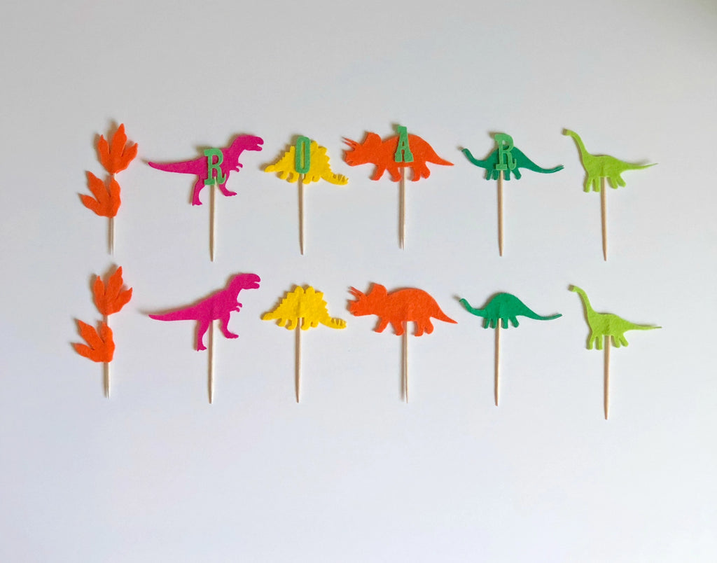 "ROAR" Dinosaur Felt Cake And Cupcake Party Toppers Handmade by Sugar Moon Bloom