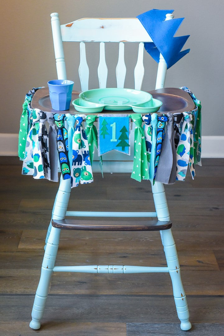 Woodland 1st Birthday High Chair Banner Bundle in Blue and Green
