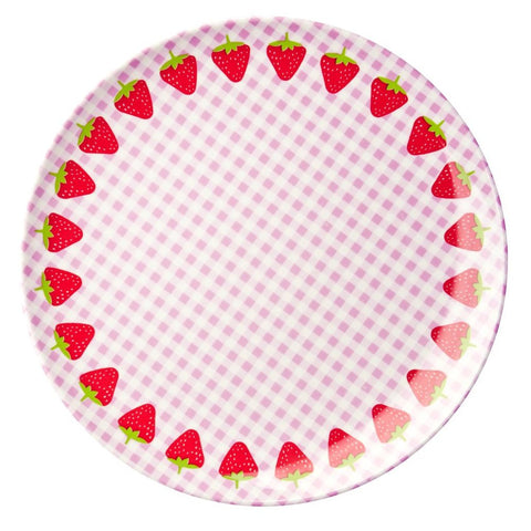 Toddler Small Round Melamine Plate in Gingham & Strawberry Print