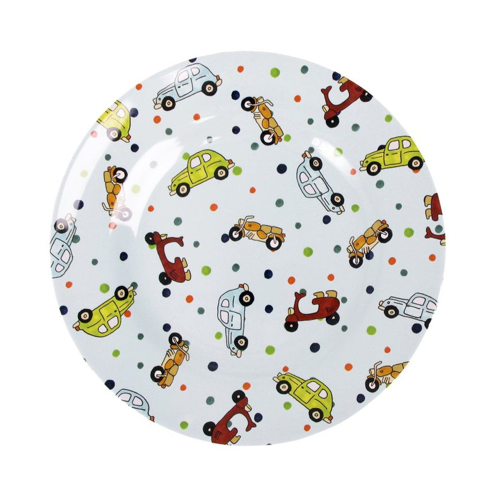 Toddler Small Round Melamine Plate in Car Print