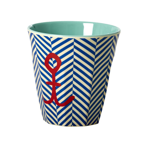 Medium Melamine Cup in Two Tone Stripe Anchor Print